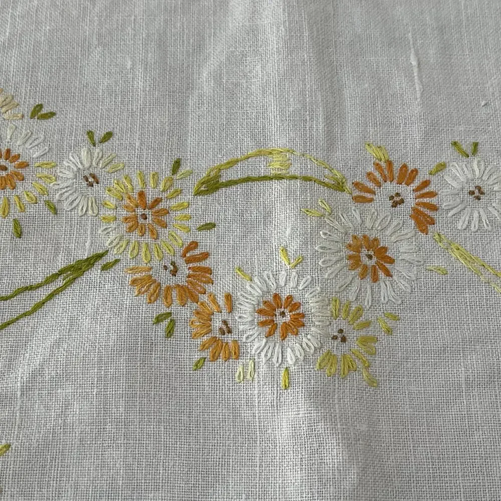 Vintage Cream Linen Tablecloth 48 in x 62 in Yellow Orange Wreath Embroidery